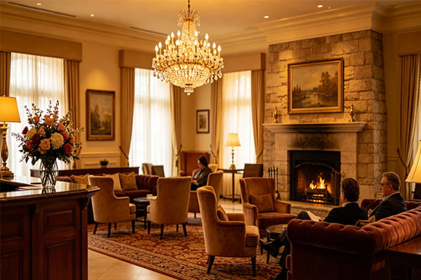 A cozy hotel lobby illuminated with warm 3000K lighting